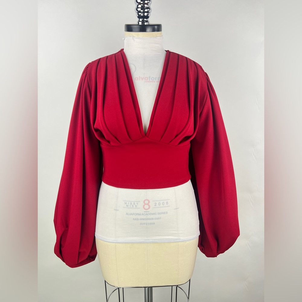 434B-RED. Balloon Sleeve Empire Waist Crop Blouse